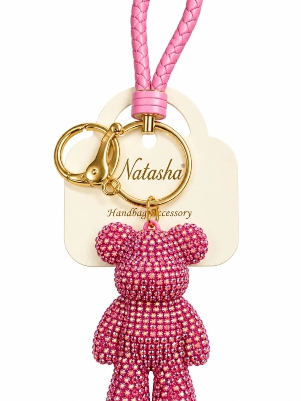 👉✨️ Natasha Couture Pink Crystal Bear Keychain with Gold Hardware